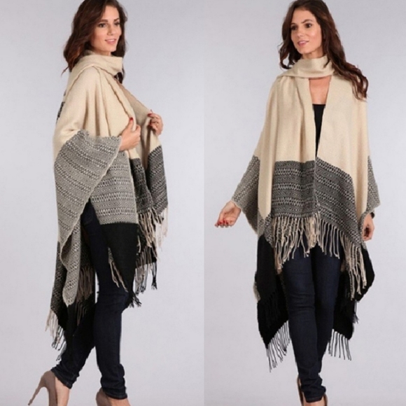 Tan and Black Fringe Hem Scarf Shawl - Picture 1 of 4